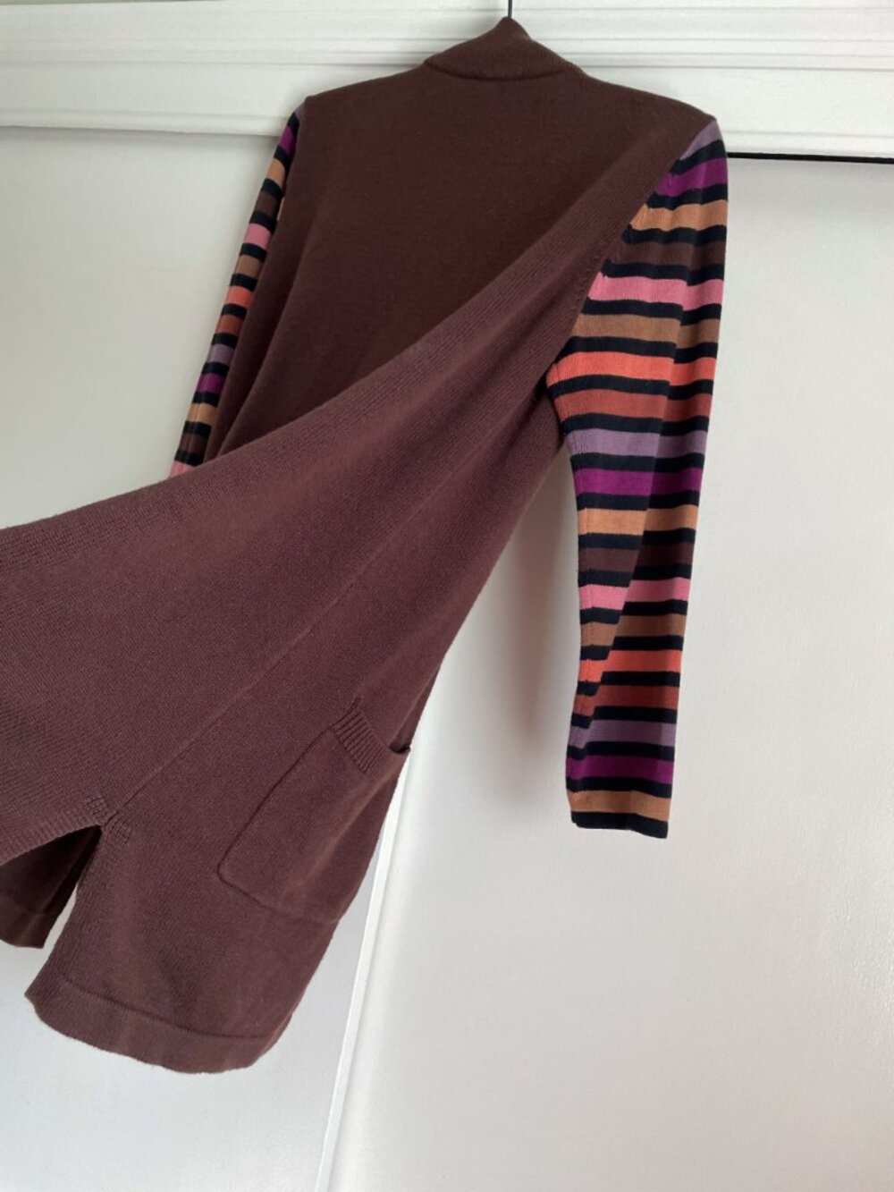 Bob Mackie Vintage Button Front Tall Long Cardigan Sweater L Brown Stripe Duster - Picture 6 of 10